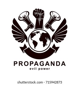 Marketing poster composed with megaphone device, Earth globe and raised clenched fist of revolutionary person, vector illustration.