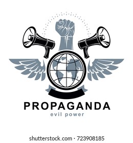 Marketing poster composed with megaphone device, Earth globe and raised clenched fist of revolutionary person, vector. Propaganda as a powerful weapon of global influence on social behavior