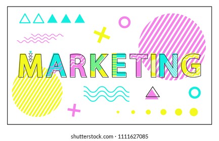Marketing poster with geometric figures in linear style. Abstract dots, colorful circles and triangles, plus signs, waves and lines patterns, vector