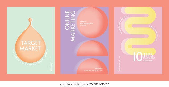 Marketing posters with abstract designs. Keywords: marketing, strategy, business. Includes text like 'Target Market' and '10 Tips for Building a Business'. Retro pastel branding template vector.