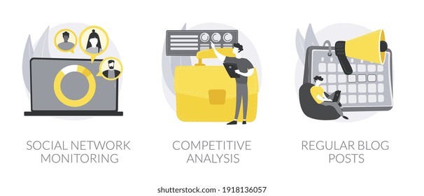 Marketing and PR abstract concept vector illustration set. Social network monitoring, competitive analysis, regular blog posts, brand reputation, startup business consultant abstract metaphor.