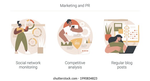 Marketing and PR abstract concept vector illustration set. Social network monitoring, competitive analysis, regular blog posts, brand reputation, startup business consultant abstract metaphor.