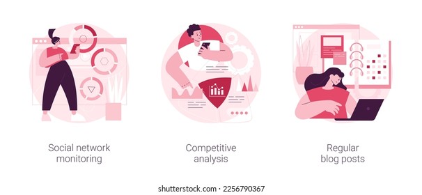 Marketing and PR abstract concept vector illustration set. Social network monitoring, competitive analysis, regular blog posts, brand reputation, startup business consultant abstract metaphor.