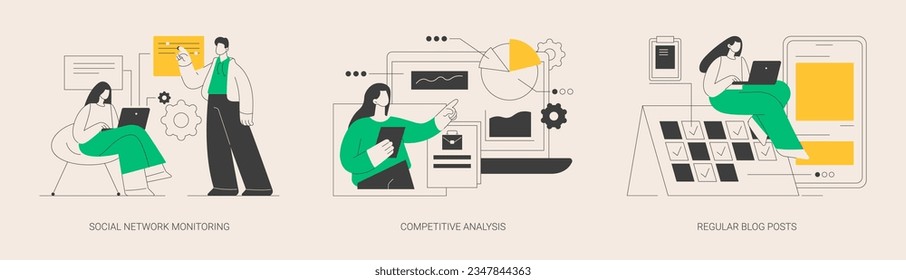 Marketing and PR abstract concept vector illustration set. Social network monitoring, competitive analysis, regular blog posts, brand reputation, startup business consultant abstract metaphor.