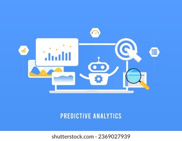 Marketing Predictive Analytics concept. ML forecasts customer behavior for proactive strategy optimization. AI Big Data predictive analytics. Martech Vector illustration isolated on blue background