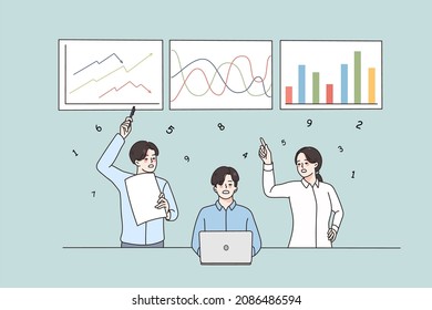 Presentación de marketing y concepto de desarrollo. Jóvenes colegas positivos haciendo que la presentación de datos de desarrollo de estrategias se sienta alentadora como ilustración de equipo 