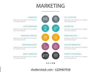 marketing presentation template, cover layout and infographics. call to action, promotion, marketing plan, marketing strategy cons