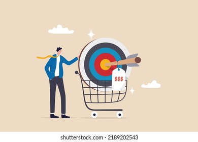 Marketing and pricing strategy to sell product, sale and discount, advertising target or market analysis concept, businessman marketer holding big arrow target with price tag in shopping cart.