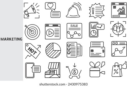 Marketing is a process. Making people aware of your company's products or services, market research. ,Set of line icons for business ,Outline symbol collection.,Vector illustration. Editable stroke