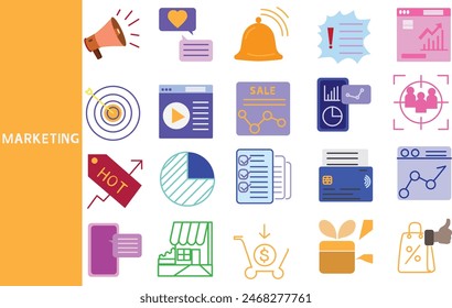 Marketing is a process. Making people aware of your company's products or services, market research. ,Set of icons for business ,Osymbol collection.,Vector illustration.