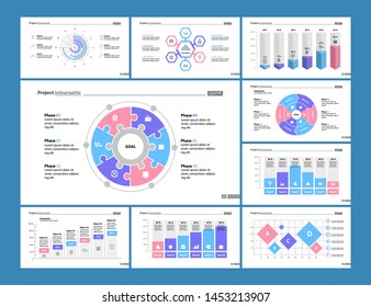 Marketing process, scatter, doughnut, bar and percentage charts. Business and planning concept. Infographic design set can be used for workflow layout, diagram, annual report, presentation, web design