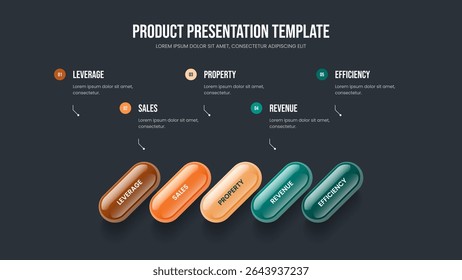 Marketing Profile 5 Step Infographic Slideshow Template. Business Innovation Slide Layout Vector Illustration. Creative Portfolio Five Element Diagram Presentation Design.