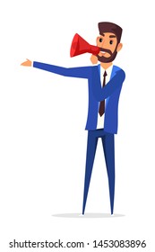 Marketing promo campaign flat illustration. Marketer holding loudspeaker isolated cartoon character on white background. Goods promotion, sales notifications. Man speaking at megaphone
