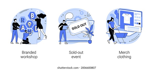 Marketing promo event abstract concept vector illustration set. Branded workshop, sold-out event, merch clothing, tickets available, popular show, product placement, merch design abstract metaphor.