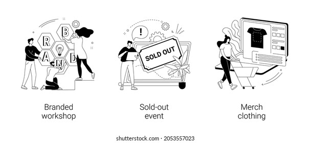 Marketing promo event abstract concept vector illustration set. Branded workshop, sold-out event, merch clothing, tickets available, popular show, product placement, merch design abstract metaphor.