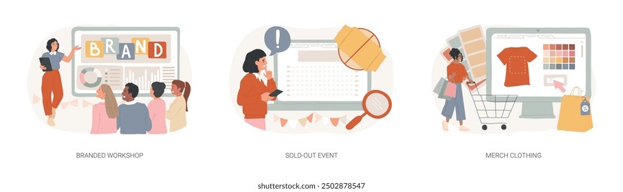 Marketing promo event isolated concept vector illustration set. Branded workshop, sold-out event, merch clothing, tickets available, popular show, product placement, merch design vector concept.