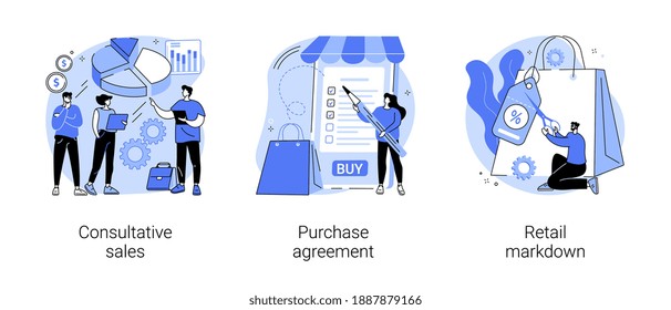 Marketing and promotion abstract concept vector illustration set. Consultative sales, purchase agreement, retail markdown, terms and conditions, product price, b2b selling, discount abstract metaphor.