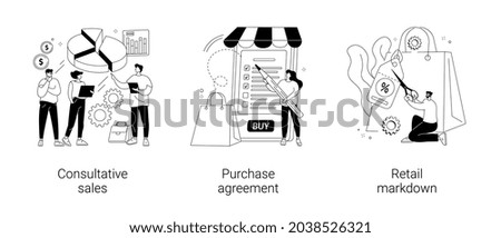 Marketing and promotion abstract concept vector illustration set. Consultative sales, purchase agreement, retail markdown, terms and conditions, product price, b2b selling, discount abstract metaphor.