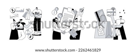 Marketing and promotion abstract concept vector illustration set. Consultative sales, purchase agreement, retail markdown, terms and conditions, product price, b2b selling, discount abstract metaphor.