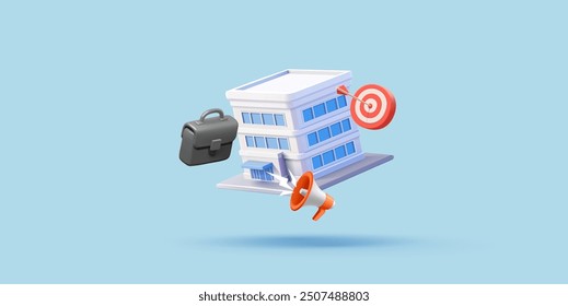 Marketing, promotion, advertising. Building, target, briefcase, loudspeaker, 3D. Realistic icons for the concepts of promoting ideas from real estate, advertising, business, investment. Vector