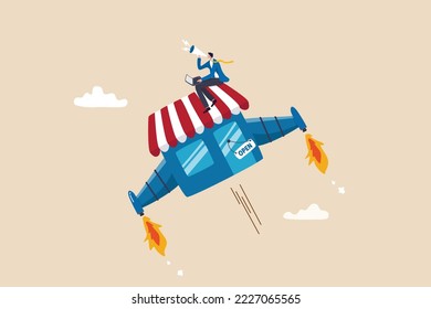 Marketing or promotion to boost sales, increase customer to visit store front or e-commerce performance, advertising to grow profit concept, businessman promote his shop with rocket booster flying.