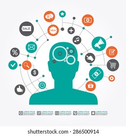 Marketing  promotion concept. Businessman surrounded by  interface icons. File is saved in AI10 EPS version. This illustration contains a transparency