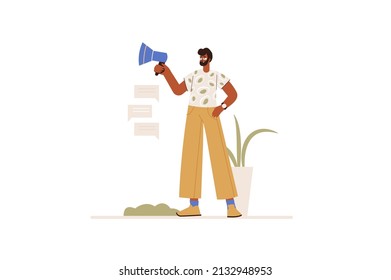 Marketing and promotion concept in flat design. Man works as marketer and makes advertising campaigns for business in social networks. Vector illustration with isolated people scene for web banner