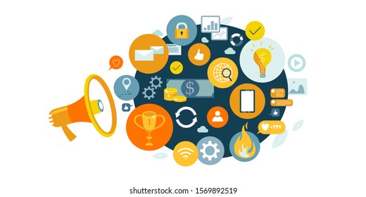 Marketing promotion concept. Megaphone surrounded by interface icons. Set of infographics for business. Yellow and blue colored picture. Forum content adds. Vector illustration EPS10 isolated on white