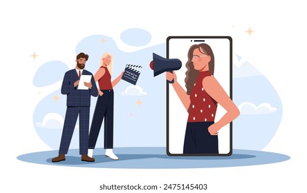 Marketing promotion concept. Woman with loudspeaker on smartphone screen. Advertising and website promotion on Internet and social networks. SMM specialist. Cartoon flat vector illustration