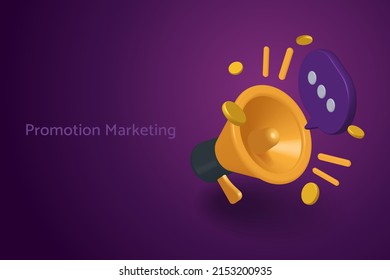 Marketing promotion through big yellow megaphone with speech bubbles and coins floating on a purple background. 3D isometric vector illustration.