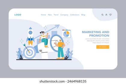 Marketing and promotion web or landing page. Visualizing strategic marketing and innovative promotion techniques. Achieving targets through creative campaigns. Flat vector illustration.