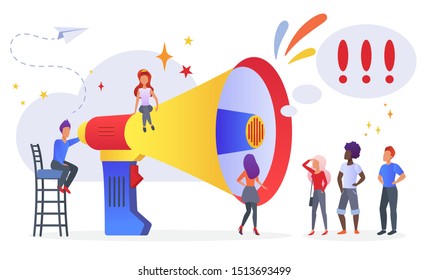 Marketing promotional campaign flat vector illustration. PR management and advertisement. Announcement, broadcast concept. Big loudspeaker and marketers characters team isolated on white background