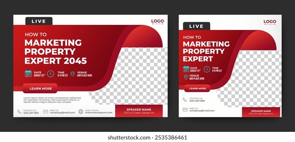 Marketing Properties Expert live webinar banner invitation and social media post template. Business webinar invitation design