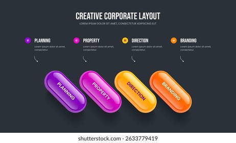Marketing Proposal Four Step Diagram Frame Layout. Professional Briefing 4 Option Infographic Presentation Design. Financial Insight Slide Template Vector Illustration.