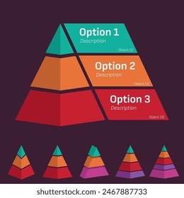 Infografías de la pirámide de marketing con opciones y pasos. Ilustración de gráfico superpuesto. Concepto de planificación estratégica, progreso y desempeño