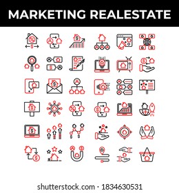 Marketing real estate icon set include house, money, digital marketing, phone, people, transaction, infestation, chart, search, search property, chat, property, property agreement, document