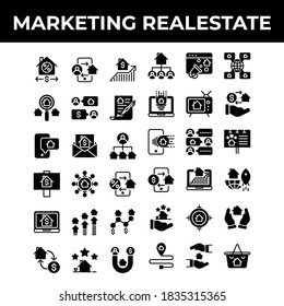 Marketing real estate icon set include house, money, digital marketing, phone, people, transaction, infestation, chart, search, search property, chat, property, property agreement, document