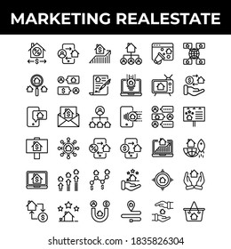 Marketing real estate icon set include house, money, digital marketing, phone, people, transaction, infestation, chart, search, search property, chat, property, property agreement, document