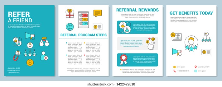 Marketing referral program brochure template layout. Refer a friend. Flyer, booklet, leaflet print design with  illustrations. Vector page layouts for magazines, annual reports, advertising posters