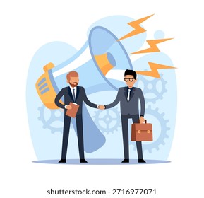 Relações comerciais. Estratégia de relacionamento com o cliente, homens de negócios apertando as mãos, publicidade em megafone, colaboração e parceria, ilustração isolada em estilo plano de desenho animado, conceito vetorial