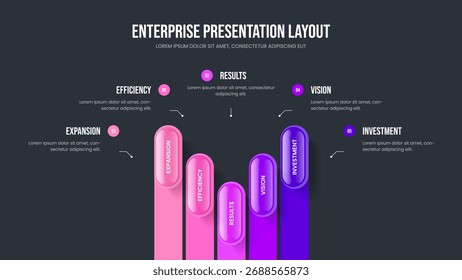 Informe de marketing Ilustración vectorial de diseño de marcos. Consulting Insight Diseño de presentación de diagrama de 5 pasos. Plantilla de presentación de diapositivas de infografía de cinco elementos.