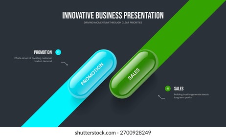 Marketing Report Presentation Template Vector Illustration. Business Growth Two Element Diagram Frame Layout. Modern Strategy 2 Step Infographic Slideshow Design.