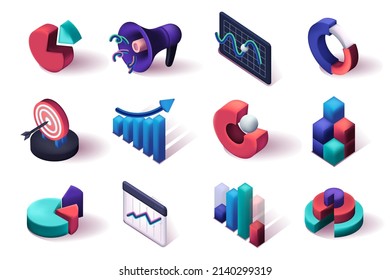 Marketing Research 3d Isometric Icons Set.