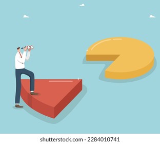 Marketing research and analysis of market distribution, control of investment profit, percentage or share of ownership of company assets, man stands on a part of the chart and looks through binoculars