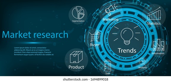 Marketing research banner with icons and keywords icons. Vector creative illustration of a market. Marketing technology concept. Vector illustration	
