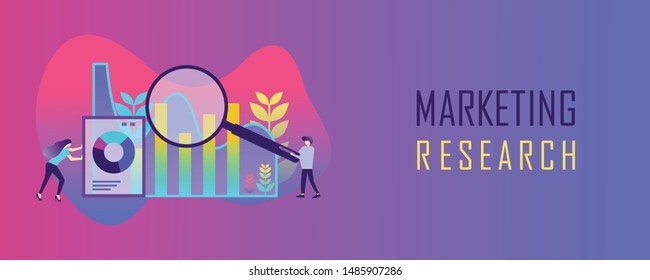 Marketing research concept banner header.  Business assistant. innovation, marketing, analysis. vector illustration.  Flat landing page template,banner,flyer,poster,web page
