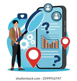 Marketing research concept. Businessman examining business data on a smart phone using magnifying glass for analysis Marketing research . Flat vector modern illustration 