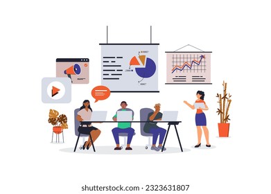 Marketing research concept with character scene for web. Women and men analysing market trends and data to launch product. People situation in flat design. Vector illustration for marketing material.