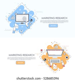 Marketing Research Concept Modern Thin Line Icon Presentation Design. Doodle Style Creative Solution, Detailed Illustration and Text Section. Web Infographics or Brochure Elements, Website Banner