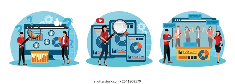 Marketing research concept. Two people analyzing marketing research. Businesswoman analyzing charts and graphs on a digital dashboard. Two professionals are involved in researching buyers.